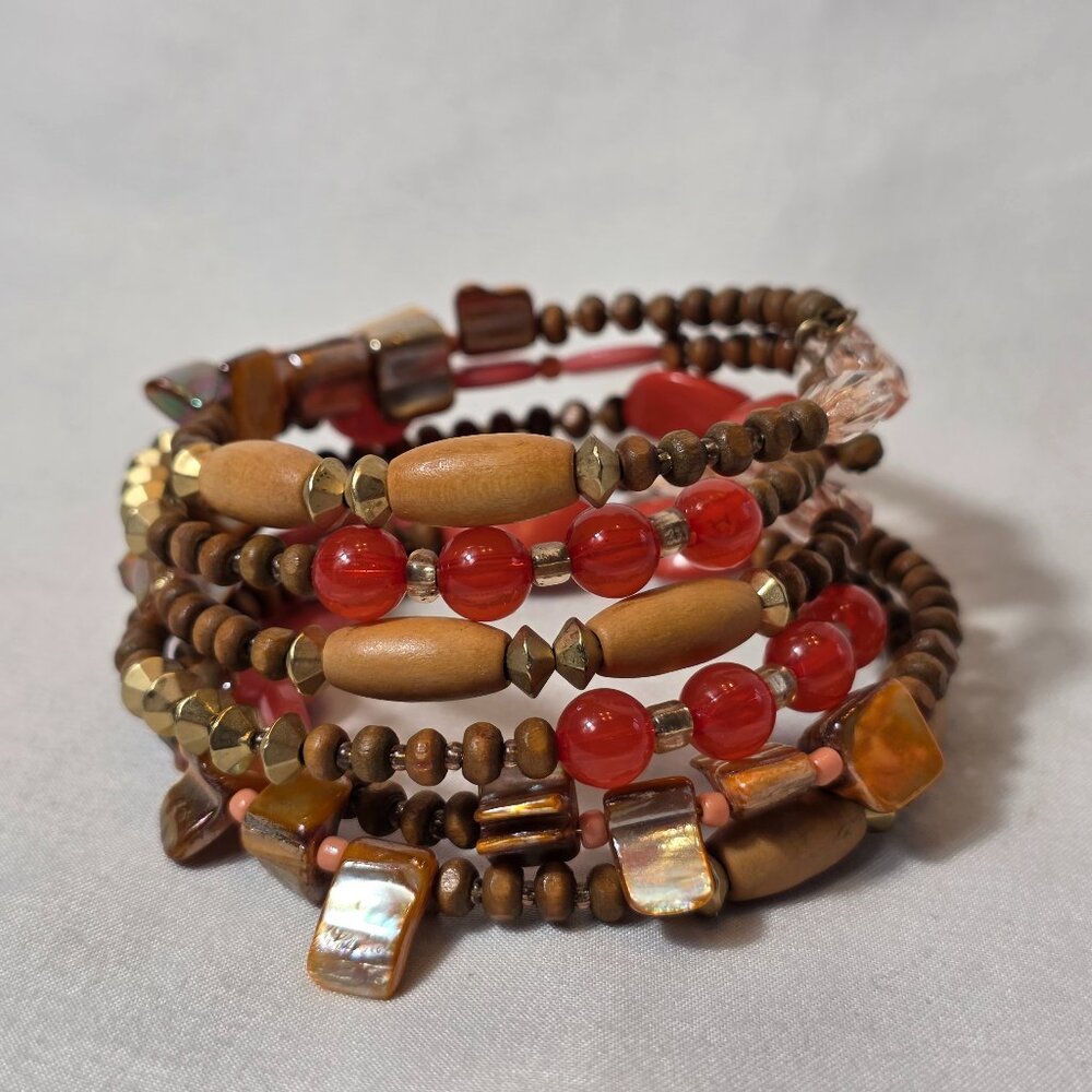 Bohemian-Style Multi-Strand Wrap Bracelet Warm Earthy Tones Wood & Glass Beads